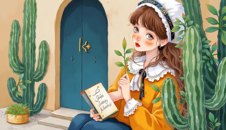 a side view image of a young arabic muslm girl sitting in a an old arabic style room made of mud and clay the roome has some green plants in it she is is writing something in her notebok, during the blue haze of the night.,Moe Anime Beauty Eyes  she repres...