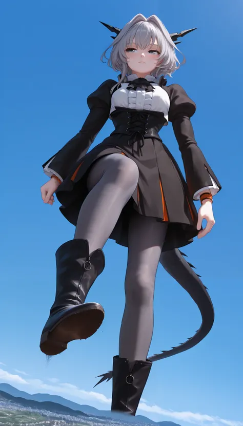 one woman, one person only, tlhdef, dragon tail, short hair, grey hair, hair intakes, black horns, dragon horns, grey eyes, black jacket, cropped jacket, open jacket, juliet sleeves, underbust, orange bracelet, white shirt, center frills, black ascot, blac...