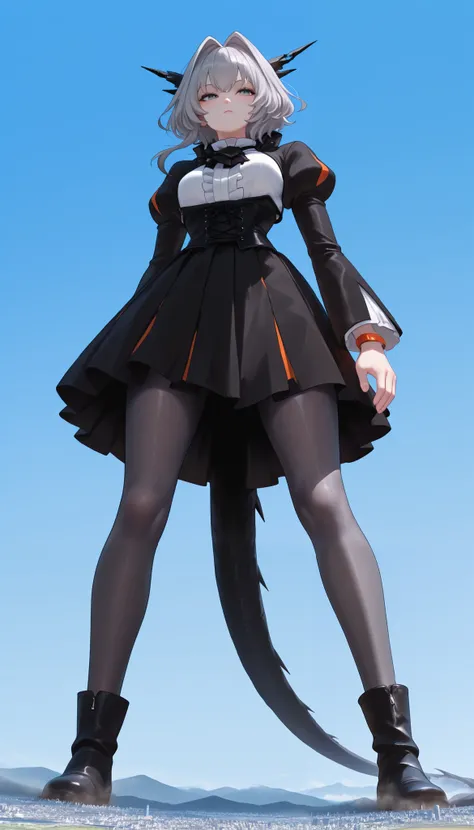 one woman, one person only, tlhdef, dragon tail, short hair, grey hair, hair intakes, black horns, dragon horns, grey eyes, black jacket, cropped jacket, open jacket, juliet sleeves, underbust, orange bracelet, white shirt, center frills, black ascot, blac...