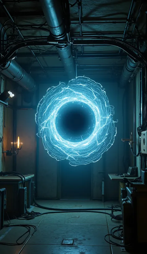 a glow black hole portal floating in the cernter of a tecnoiloguical rudimentary room
