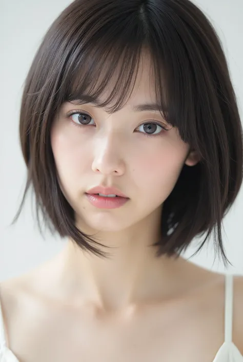Create a portrait of a very beautiful Japanese actress, focusing on a close-up from the shoulders up. She has a slender physique and a small bust. The setting is a photography studio, and the lighting should be bright and clear, reminiscent of using a whit...