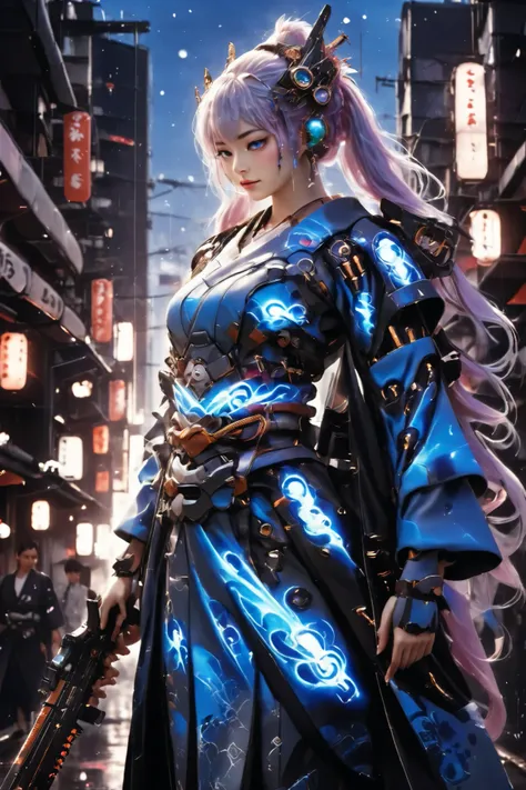 A young, innocent-looking Japanese girl wearing a traditional kimono, standing in a futuristic cyberpunk cityscape. Her kimono is elegantly detailed with intricate patterns, blending traditional aesthetics with high-tech elements such as neon-embedded fabr...
