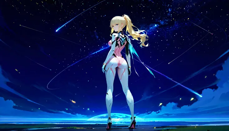 (very detailed CG unity 8k wallpaper, masterpiece, best quality, ultra-detailed), 3D, a beautiful female model, transparent white and pink bodysuit, detailed face, beautiful eyes, full lips, long lashes, flowing hair, elegant pose, Under an empty night sky...