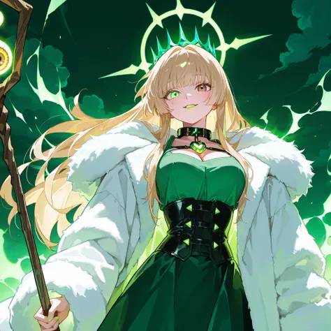 girl with light golden long hair, fluttering in the wind , half of the hair is white , very big eyes, amazingly wide-open eyes, ((heterochromia: One Brown Eye, the second eye is blue )), Glass retina, green shirt, a corset, collar, a white fur coat wit...