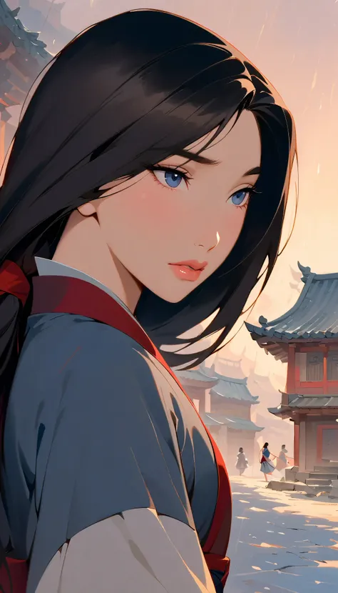 Hua Mulan,Show female shy,19 years old, like a porcelain doll, fine features, delicate,Black and red color scheme,poster,iconic disney characters。shonen style, anime style, straight hair, big hair, ((long hair)) ,japanese young woman warrior, black hair, t...
