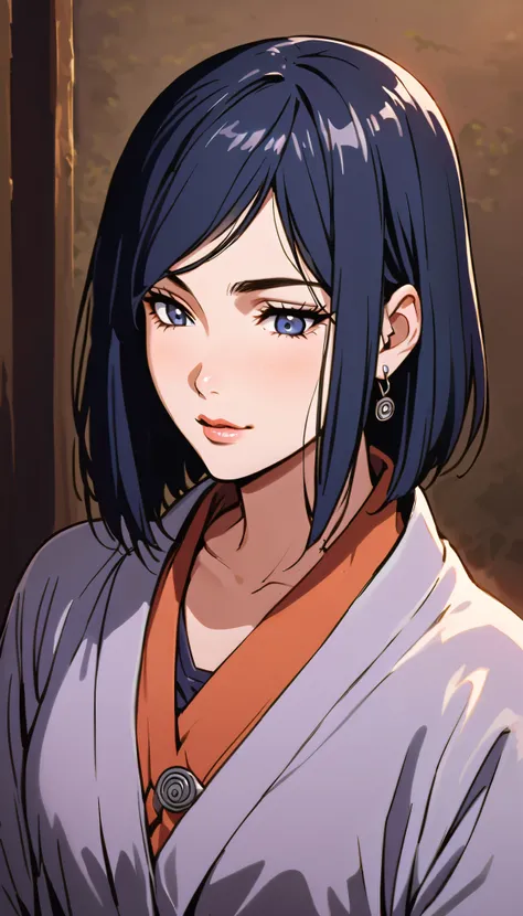 vintage movie, girl, Izumi Nase, short hair, navy hair, straight hair, woman body, cute earrings, ((dressed like hyuuga hinata from naruto))
, hyuga clan, shinobi village, konohagakure, (((perfect lips))), perfect hair, looking down, shy, melancholic, ((yo...