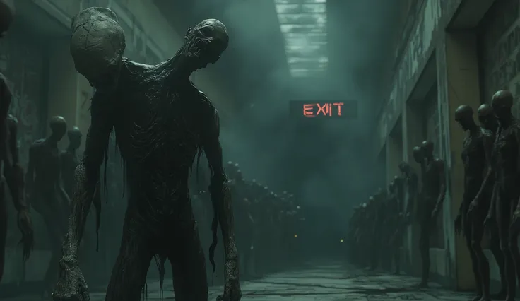 A horrifying, abandoned shopping mall at midnight, filled with thick, swirling fog. The walls are cracked, covered in eerie graffiti, and the broken tile floor is littered with debris. The overhead lights flicker erratically, casting unnatural shadows. In ...