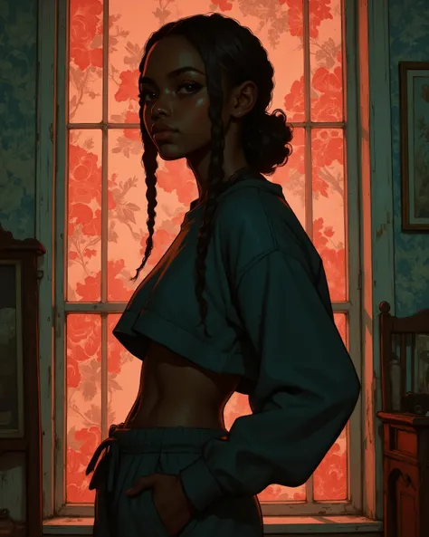 1Girl, (View from behind), (A girl is wearing just a pajama pants and a loose sweatshirt that exposes her flat abdomen, black girl with braided hair and olive eyes, very small bust and a petite body), abstract art, wallpaper design, dark cinematic lighting...