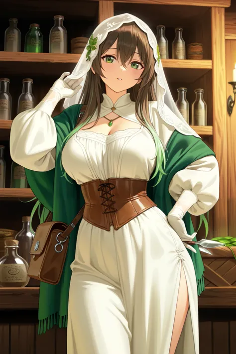 "A young woman with a seductive figure, the plump breasts of the size of an F cup reflect the charm of femininity. Long hair, silvery, shimmering, shimmering shades of light green highlights, falls naturally to the waist, deep green eyes like a magical dar...