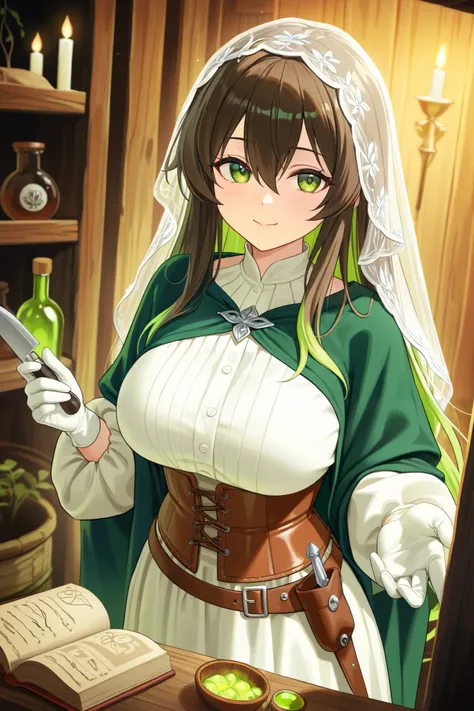 "A young woman with a seductive figure, the plump breasts of the size of an F cup reflect the charm of femininity. Long hair, silvery, shimmering, shimmering shades of light green highlights, falls naturally to the waist, deep green eyes like a magical dar...