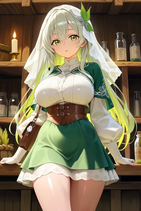 "A young woman with a seductive figure, the plump breasts of the size of an F cup reflect the charm of femininity. Long hair, shiny silver color with a gradient of light green highlights, a natural drop to the waist, deep green eyes like a magical dark for...