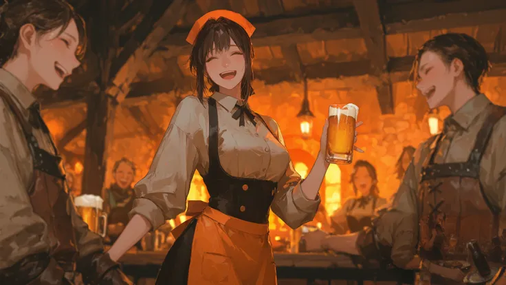 medieval tavern、Waitress holding a beer glass、Laughing customers、 orange light、 fantastic light
