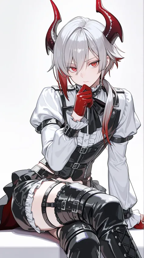 Male focus, Best Quality, Masterpiece, adult male, (8K, Best Quality, Masterpiece:1.2), Ultra Highres, Intricate Details, Gothic, 1boy, (beautiful face:1.2), frilled shirt, corset, bondages, simple background, low ponytail, puffed sleeves, solo, white shir...