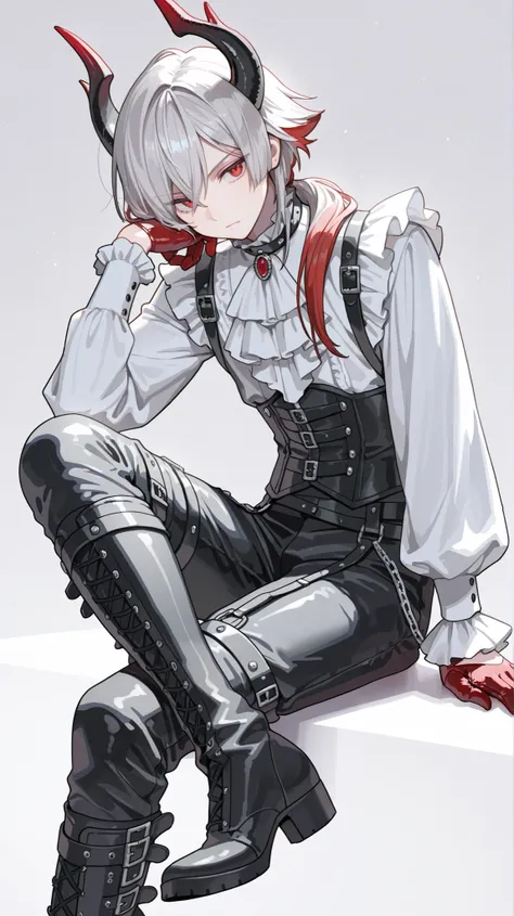 Male focus, Best Quality, Masterpiece, adult male, (8K, Best Quality, Masterpiece:1.2), Ultra Highres, Intricate Details, Gothic, 1boy, (beautiful face:1.2), frilled shirt, corset, bondages, simple background, low ponytail, puffed sleeves, solo, white shir...