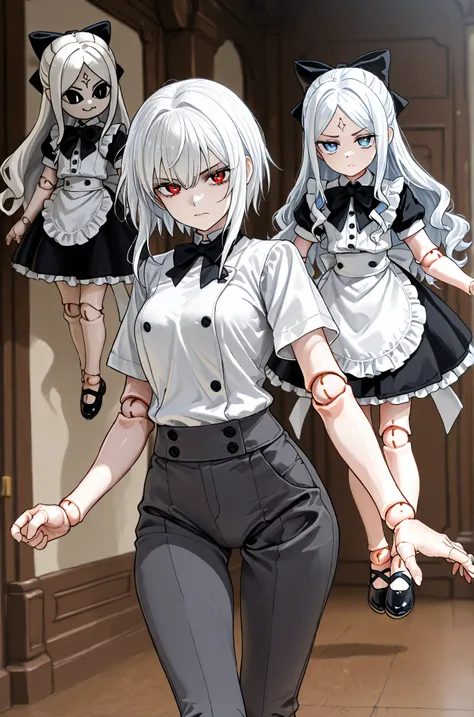 girl doll, White waiter clothes with bow tie, Dark grey pants, short white hair serious, 1 girl, (one) , doll joints, hips,(kind face), doll joints того же цвета что и одежда.