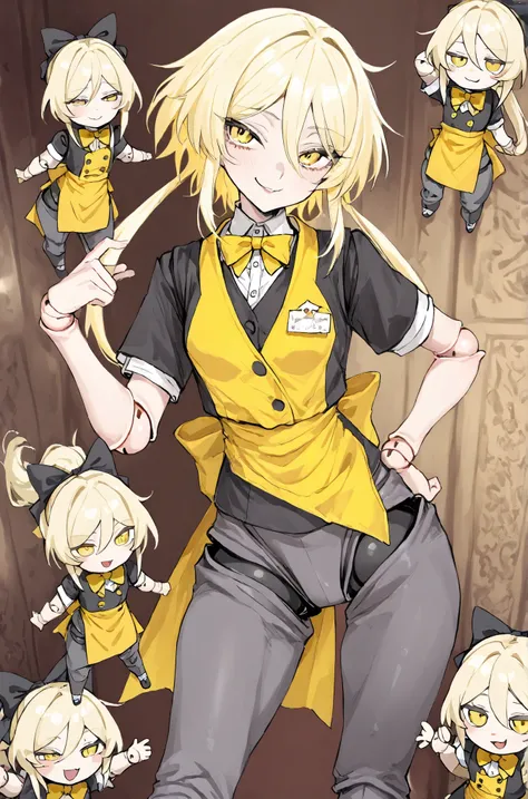 girl doll, Yellow waiter clothes with bow tie, Dark grey pants, short Light Yellow hair, 1 girl, (one) , doll joints, hips,(kind face), doll joints того же цвета что и одежда.