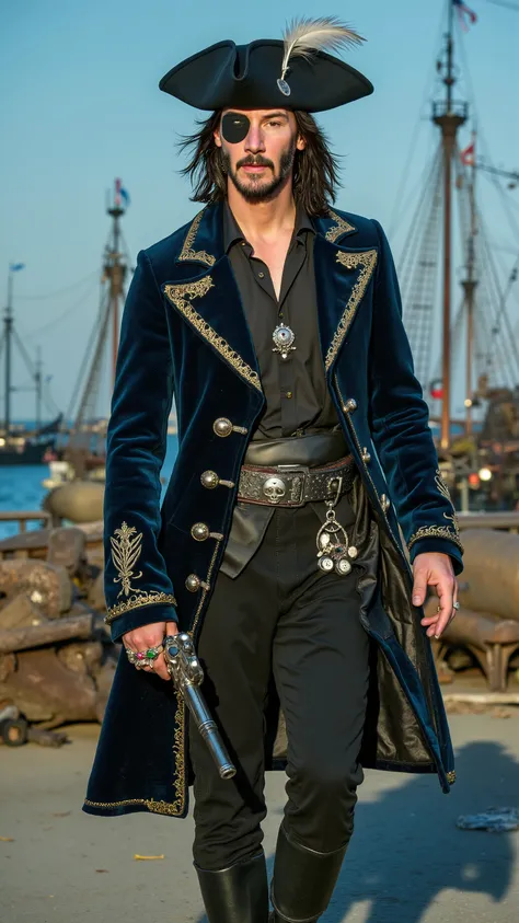 Keanu Reeves reimagined as a pirat walking and holding a pirate pistol、dramatic atmosphere, 1 male、
Long, slightly unkempt black hair falls past his shoulders, with strands blowing in the sea breeze. His left eye is concealed by a black eye patch over. A...