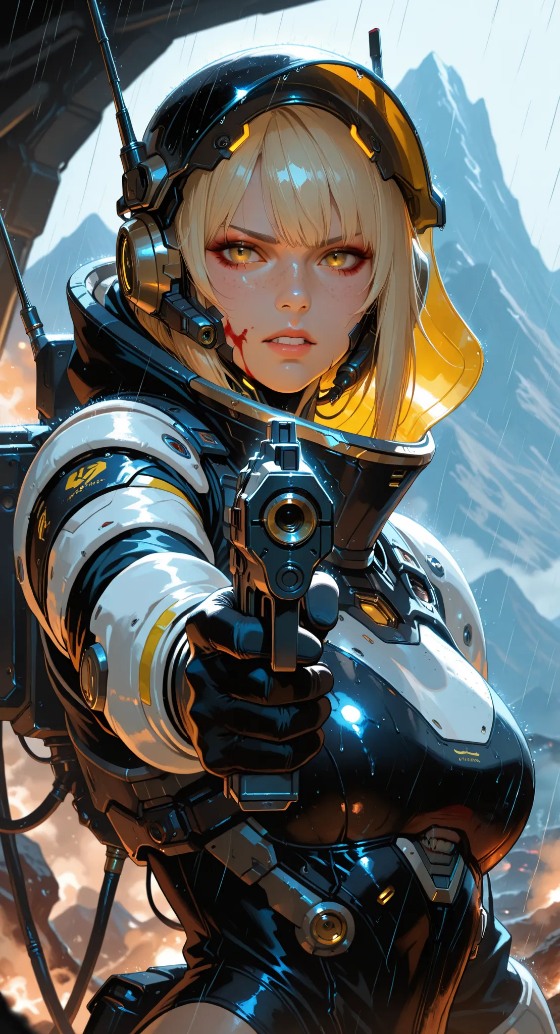 masterpiece, best quality, very aesthetic, absurdres, sharp details, 1girl, lips, makeup, blood, serious, yellow eyes, gloves, helmet, hood, looking at viewer, standing, science fiction, cyberpunk, radio antenna, cable, spacesuit, rain, mountain, solo, hol...