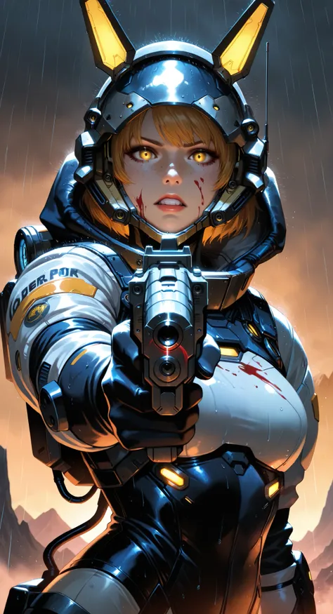 masterpiece, best quality, very aesthetic, absurdres, sharp details, 1girl, lips, makeup, blood, serious, yellow eyes, gloves, helmet, hood, looking at viewer, standing, science fiction, cyberpunk, radio antenna, cable, spacesuit, rain, mountain, solo, hol...