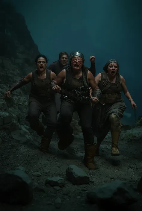 A group of strong, super muscular, wide shoulders, fat, ugly bulky women, wearing historical medieval clothes and trousers with boots, and some have metal helmets, holding weapons, as they scream and shout while running towards viewer, rocky mountainous bi...