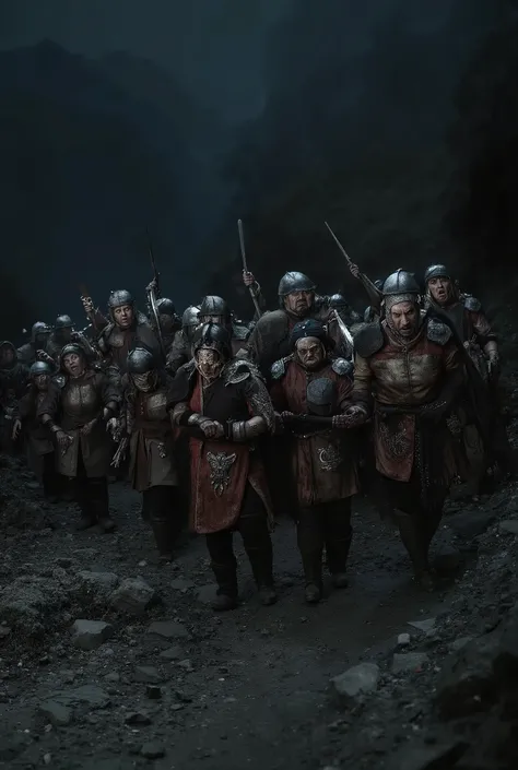 A .large group of strong super muscular wide shoulders ugly bulky women, wearing historical cloth medieval cloth armor and trousers with boots, and some iron helmets, (holding weapons), as they walk angry towards viewer, rocky mountainous biome, night time...
