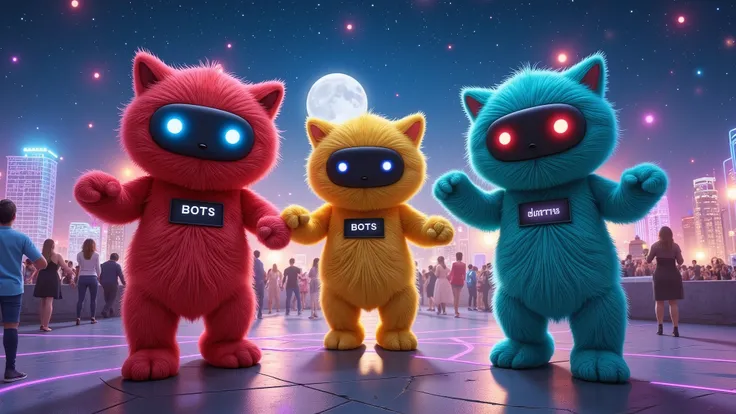 On a vibrant rooftop of a high-rise building at night, three adorable robot cats are dancing under the starry sky with a breathtaking city skyline in the background. Each robot cat has a black LCD square screen on their face, displaying two flashing blue o...