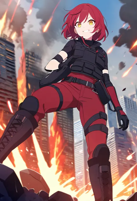 1girl, red medium hair, Yellow eyes, bulletproof vest, black gloves, black knee proteccion, elbow proteccion, boots, red military clothes, smile, explosion behind her, city burning, red pants with black details, red jacked with black details