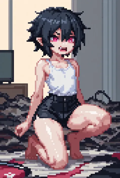 1boy, femboy, long black hair, black short shorts, white tank top, barefoot, pink eyes, glossy skin, (messy room)High Resolution, Accurate, Masterpiece, Anatomically Correct, Best Quality, fangs, Vampire High Resolution, small waist, thick thighs,