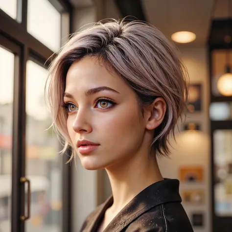 Portrait of a semi-realistic looking young woman in profile, blonde hair, short haircut, very bright eyes, flawless and shiny skin that glitters under the light. The background is impressive with intricate details all over the screen. The overall photo has...