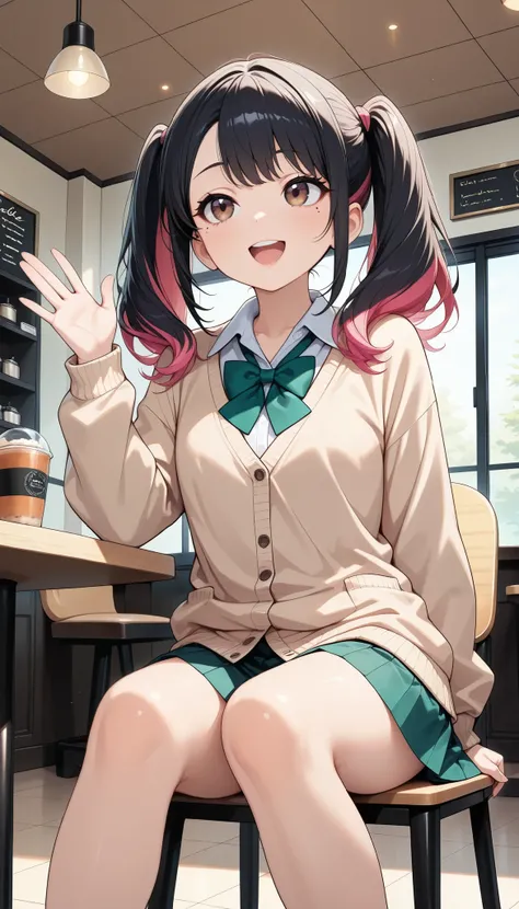 1 female, (Minami Yoshikawa), black hair with pink inner color hair, twin tails, asymmetrical hair, brown eyes, mole under the eye, slight build,  laugh,  open your mouth,  hand waving pose,  beautiful shining eyes,  glossy lips , Highly Detailed Eyes and ...