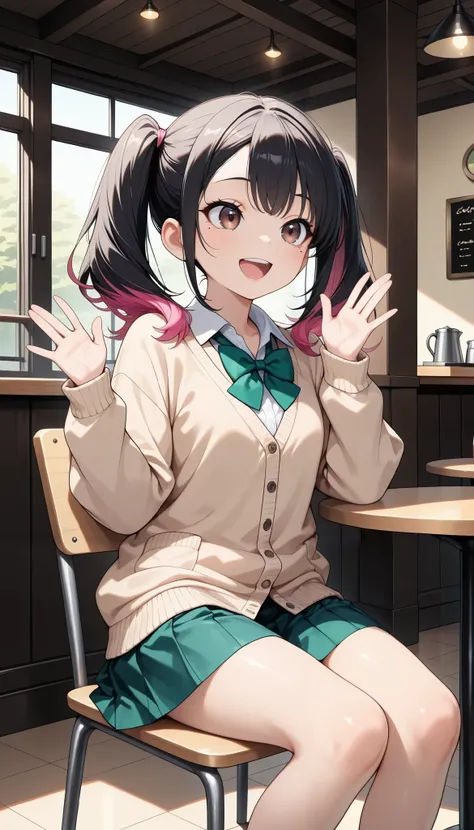 1 female, (Minami Yoshikawa), black hair with pink inner color hair, twin tails, asymmetrical hair, brown eyes, mole under the eye, slight build,  laugh,  open your mouth,  hand waving pose,  beautiful shining eyes,  glossy lips , Highly Detailed Eyes and ...
