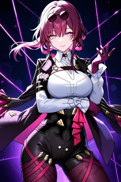 masterpiece, best quality, amazing quality, newest, very aesthetic, 1girl, kafka \(honkai: star rail\), cowboy shot, purple hair, butterfly ornament, purple eyes, round eyewear, black choker, black jacket, jacket on shoulders, high waist shorts, black shor...
