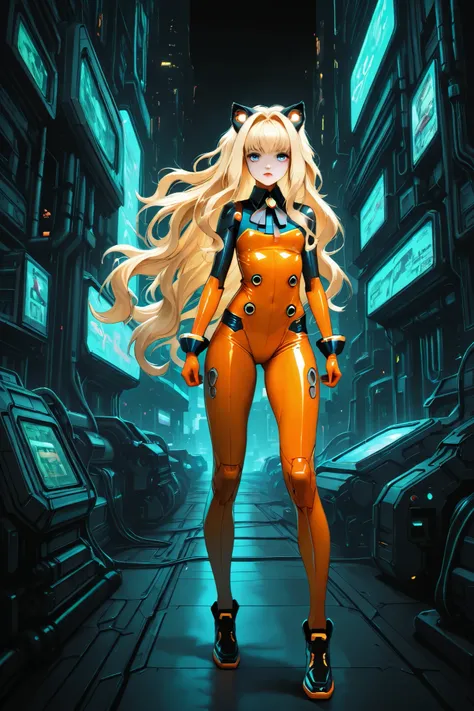 (right in front:1.2), (SeeU:1.2), (full body:1.2), (cyberpunk, sci- fi, black, orange bodysuit:1.2), (single character:1.2)