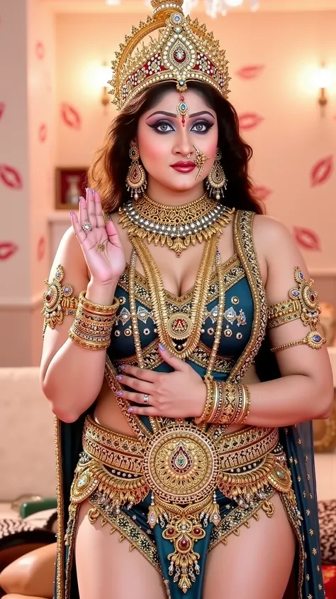 (sexy hot 🥵 devi of Indian, she has very giant with cleavage, sexy long legs, she is sitting on mahishasur thighs side, mahishasur is lying on floor)The image you sent appears to be of Hindu devi of sex love , 40 year old a Hindu goddess known for her sex...