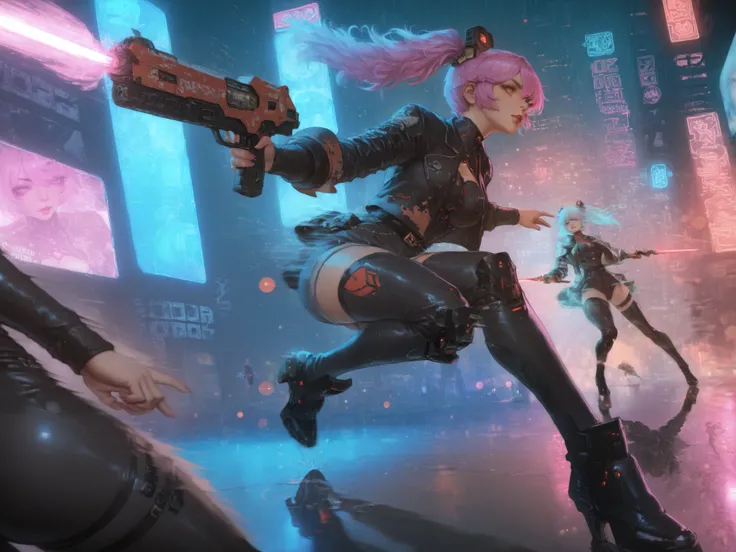 Cyberpunk girl, ultimate gunfight, between 2 girls, high quality, realistic, fotorealistic, 8k, detailed, professional, HDR, vibrant colors, Bokeh Effect, Cyberpunk-style, Neon lighting, big city backdrop, Rainy weather, puddles , Reflections, dramatic co...