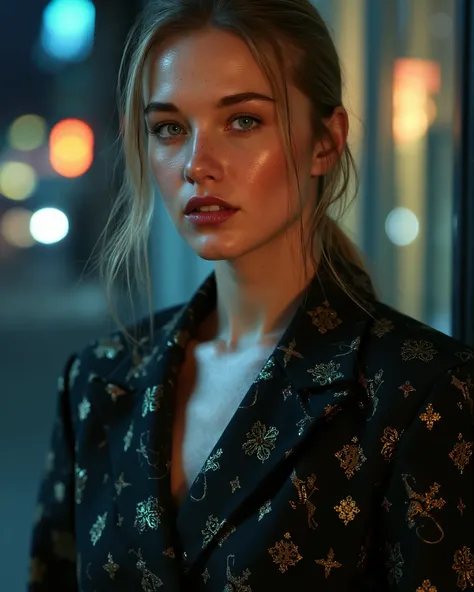 Light-haired blonde, light blue eye, , at night, Girl's clothes, outerwear , party clothes , shoe, luxurious, Louis Vuitton, Hermés Paris, Gucci, Chanel, Cartier