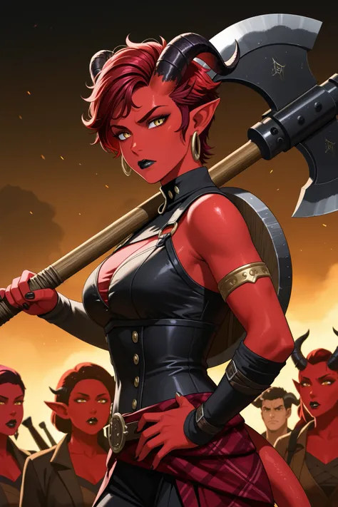 a ione tiefling woman, with red skin and black and gold eyes, with short purple-red pixie cut hair, pointy ears and curved black horns with red tips, wearing black lipstick and carrying a large axe on back, with a serious and firm expression, rpg digital a...