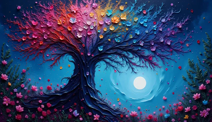 Dreamlike digital artwork of a towering tree in the Garden of Eden. Her cascading hair becomes a vibrant waterfall of neon cranberries and detailed zentangle-patterned flowers, twisting into a tornado of love and loss. The scene is lit with an iridescent ...