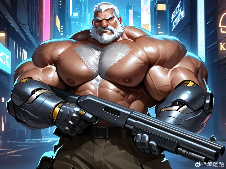 solo, huge muscular old man, white hair, thick chest hair, bearded, side pec, shirtless, very huge pectoral, cyberpunk, robotic left arms, city, neon light, gun fight, shotgun, cargo shorts, city, (detailed face:1.3, eyes, focus eyes), wide shoulder, thick...