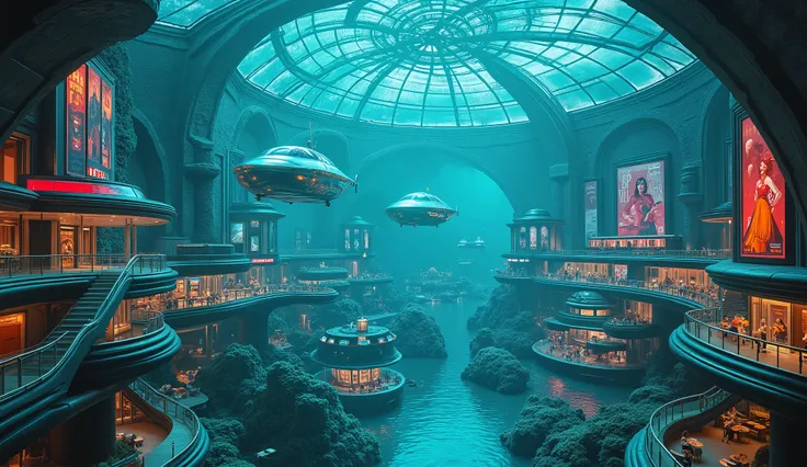 A stunning Art Deco-inspired city beneath the ocean, enclosed within a massive glass dome. Neon lights shimmer through the water, and futuristic submarines glide through the streets like cars. Elegant chrome walkways connect floating mid-century-style buil...