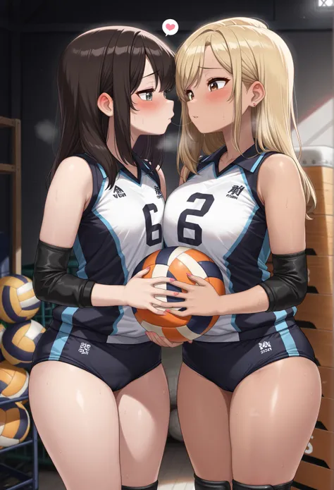 masterpiece, best quality, amazing quality, 2 girl, (gyaru:1.2), volleyball uniform, buruma, holding ball, (yuri:1.4), hugging each other, kiss, holding ball, (young women:1.4), thick thighs, Collared volleyball uniforms, sleeveless, (buruma:1.2), volleyba...