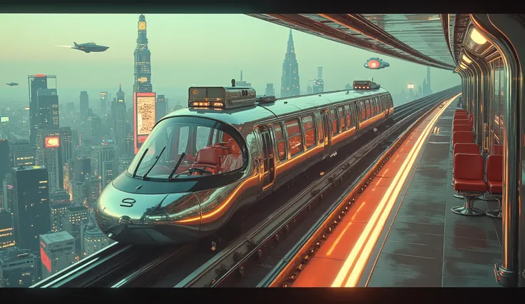 A chrome monorail with panoramic glass windows, smoothly gliding over a retro-futuristic cityscape. The tracks glow beneath it, and inside, the luxurious seats have mid-century modern designs with built-in holographic newspapers. Outside, flying cars zip b...