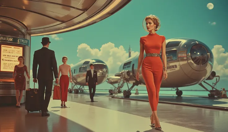 A sophisticated woman in a sleek, vintage-inspired space suit, walking confidently through a futuristic spaceport. Her luggage levitates beside her, while stylish passengers in 50s-style sci-fi couture board elegant, rocket-shaped space cruisers. The depar...