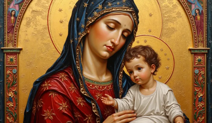 an oil painting of the Virgin Mary with baby Jesus in the style of Ethiopian church frescoes, inspired by Fra Angelico, depicting Mary in a vibrant red and blue robe with intricate golden patterns, holding baby Jesus who gazes outward, warm earthy tones, ...