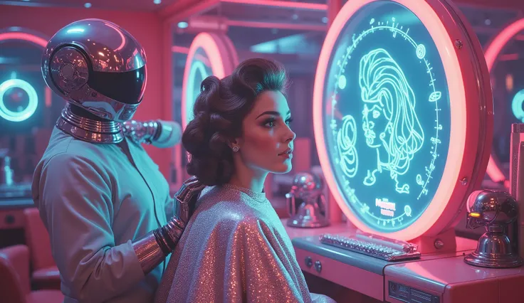 A stylish, futuristic hair salon with a chrome-helmeted beautician styling a woman’s hair using floating robotic arms. The woman, wrapped in a shimmering, metallic salon cape, admires her reflection in a holographic mirror that suggests hairstyles in neon ...