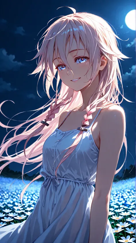 (IA), summer dress, smile, flowers, flower field, moonlight, windy, portrait,