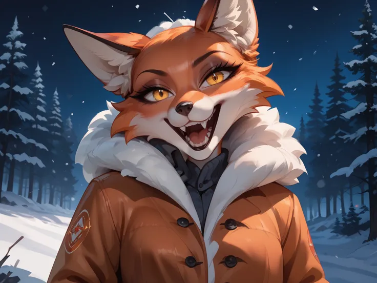 Night, winter, forest plain, Anthropomorphic fox girl, orange fur, Yellow eyes, red fur coat, evil, open mouth, teeth, bites , looks at the viewer