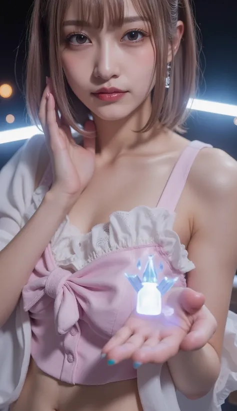 (((Correct sex education))), (Sexy 3D Hologram:1.2, bright colors:1.2), (tech vibe:1.2), (detailed hands:1.2, perfect right hand:1.1,), The sci-fi aesthetic ,SOFT LIGHTING, full body, ((Outfits that accentuate the chest:1.2)), scene in the palm of a pers...