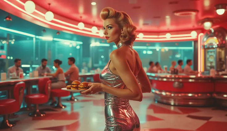 A stunning 50s-inspired waitress in a metallic retro uniform, skating between floating tables in a futuristic drive-in diner. The neon-lit sky glows above as she serves hovering burgers and glowing milkshakes. A sleek chrome jukebox plays vintage rock’n’ro...