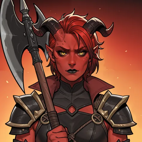 a one tiefling barbarian female, with red skin and black and gold eyes, with red short hair, pointy ears and curved black horns with red tips, wearing black lipstick, with a serious and firm expression, wearing black barbarian clothes and large axe from D&...